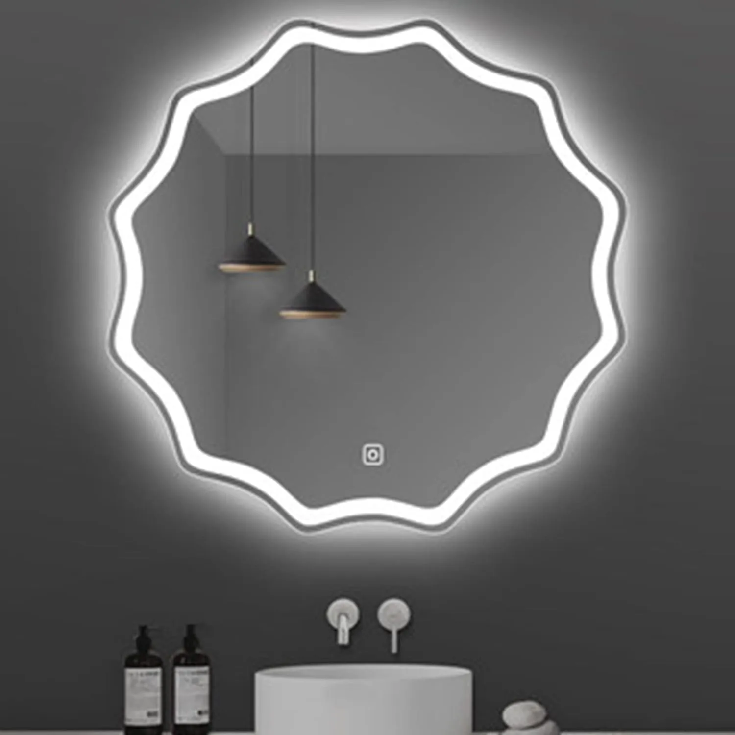 R.S Internationals Wall Mounted Mirror, Irregular LED Light Anti-Fog Smart Bathroom Mirror, Vanity Mirror Home Accessories, Touch Time and Temperature Display Hand Sensor Radar Sensor (24 inch)