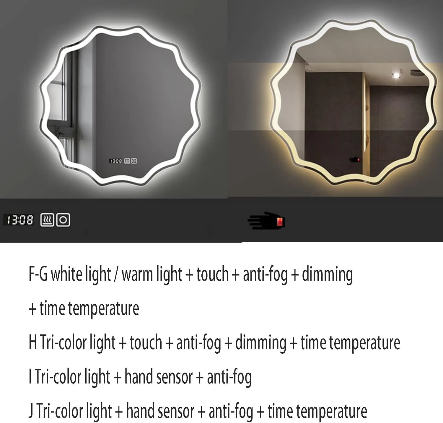R.S Internationals Wall Mounted Mirror, Irregular LED Light Anti-Fog Smart Bathroom Mirror, Vanity Mirror Home Accessories, Touch Time and Temperature Display Hand Sensor Radar Sensor (24 inch)