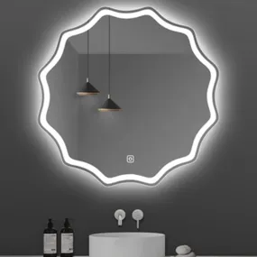 R.S Internationals Wall Mounted Mirror, Irregular LED Light Anti-Fog Smart Bathroom Mirror, Vanity Mirror Home Accessories, Touch Time and Temperature Display Hand Sensor Radar Sensor (24 inch)