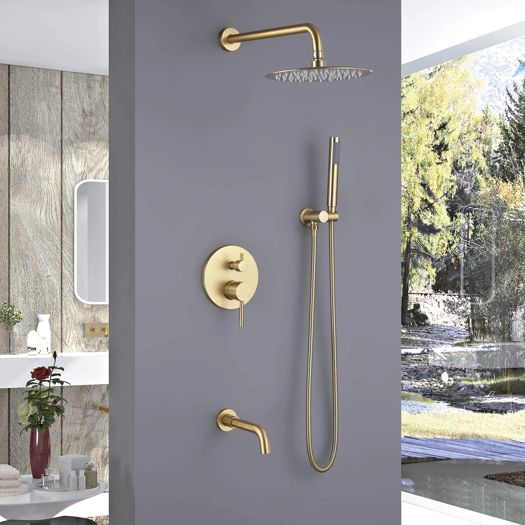 Shower System Matte Black Wall Mount 3-Function Tub Shower Combo Set RB1109