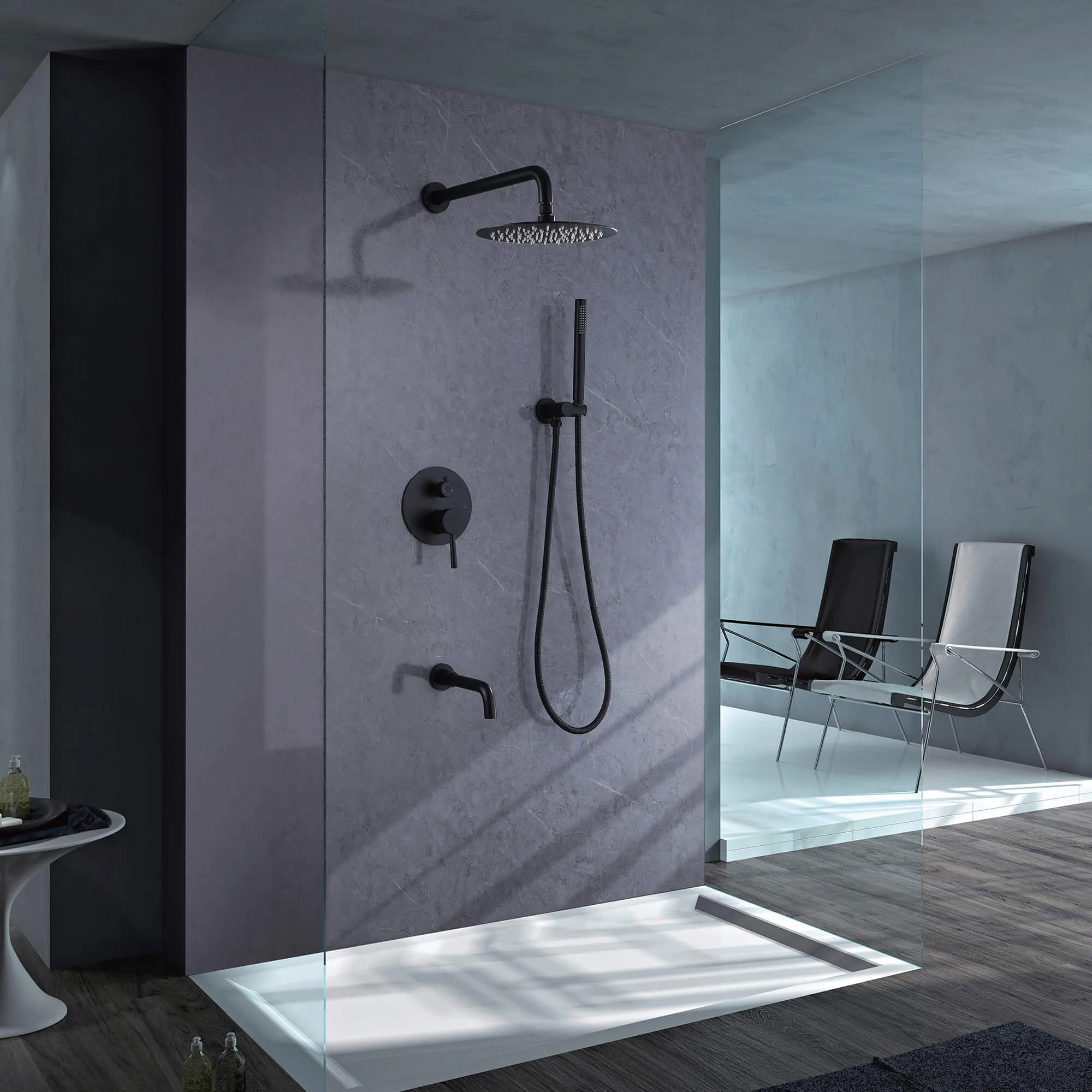 Shower System Matte Black Wall Mount 3-Function Tub Shower Combo Set RB1109