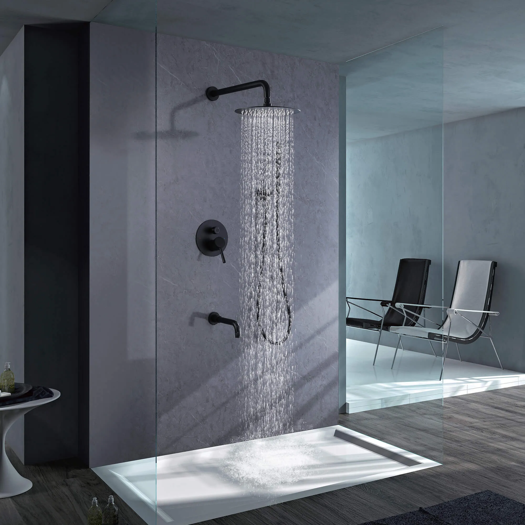 Shower System Matte Black Wall Mount 3-Function Tub Shower Combo Set RB1109