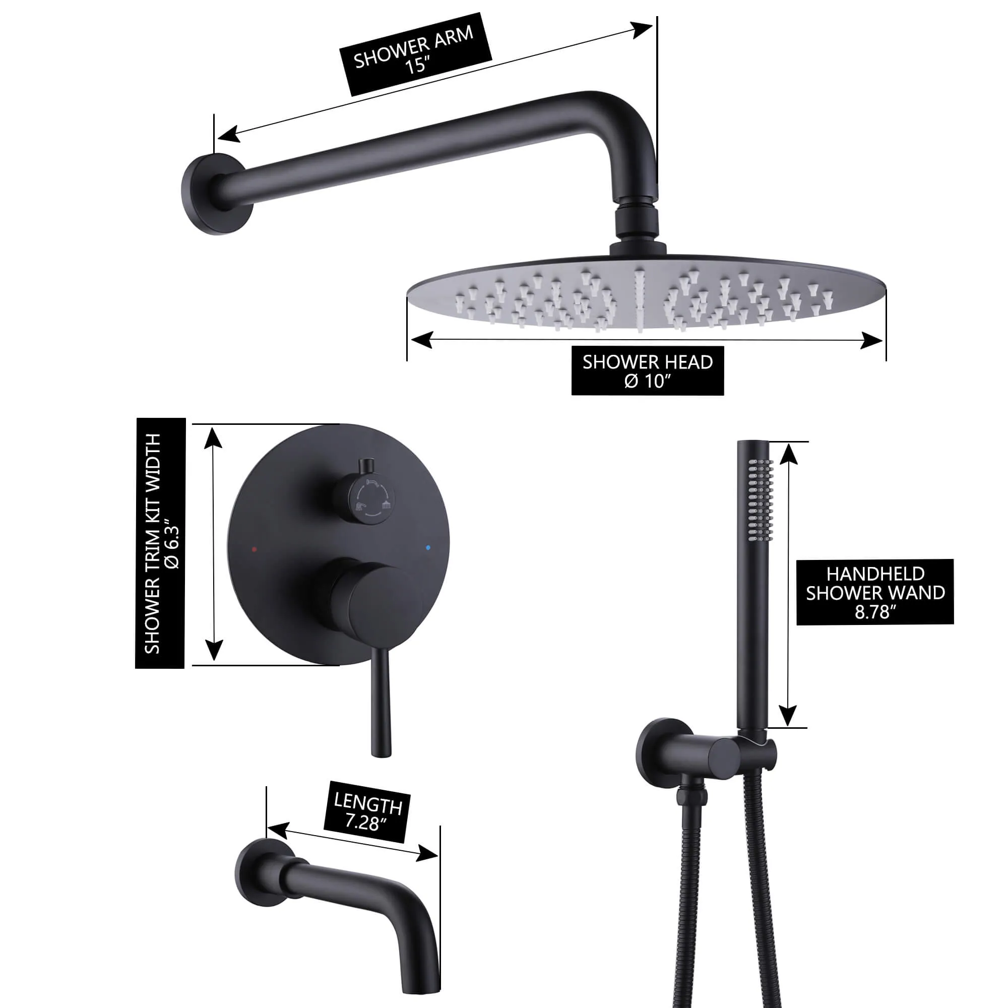 Shower System Matte Black Wall Mount 3-Function Tub Shower Combo Set RB1109