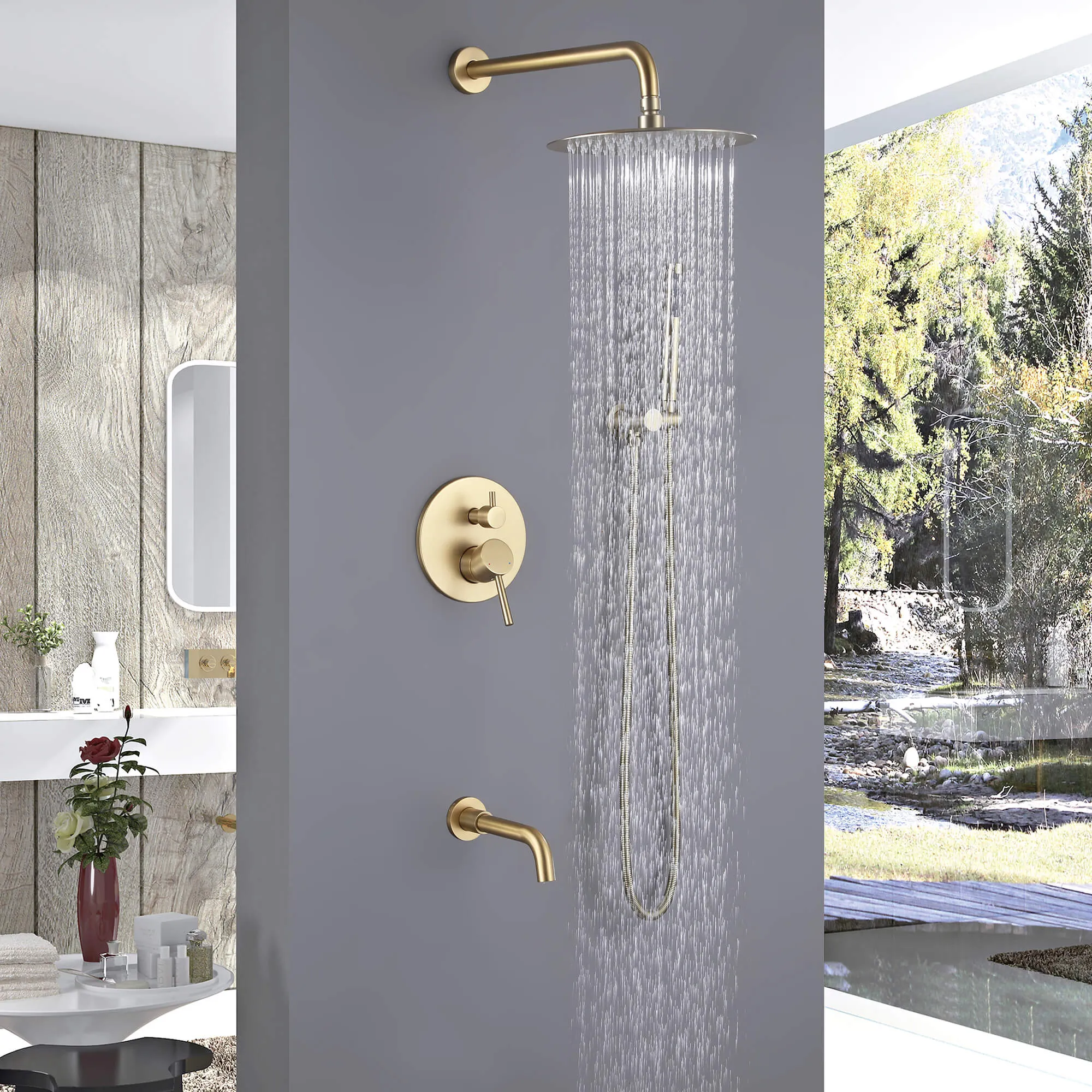 Shower System Matte Black Wall Mount 3-Function Tub Shower Combo Set RB1109