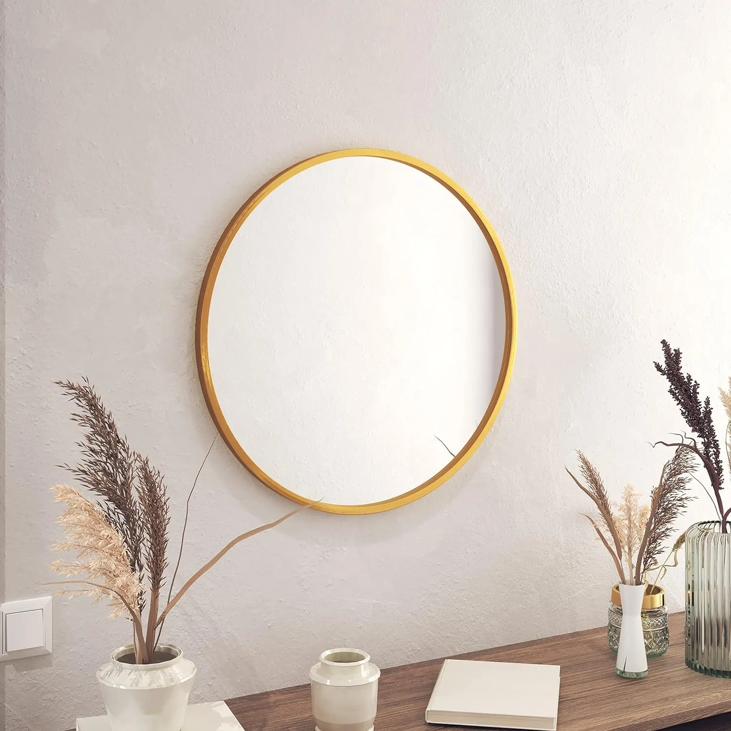 SmileSellers Metal Decorative HD Clear Mirror Wall Mount Round Wall Mirror for Bedroom, Home Decor, wash Basin, Vanity, Makeup, Bathroom (21"X21"-GOLDEN)
