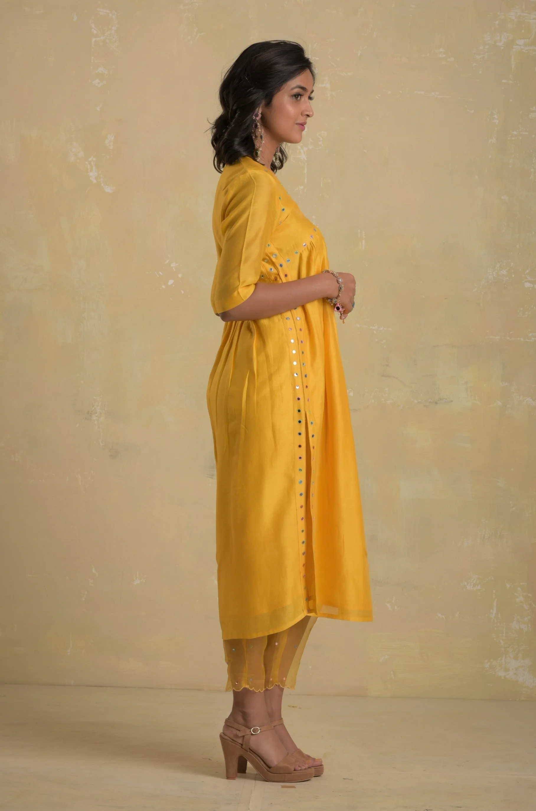 Sunflower Yellow High Slit Kurta Set (2 dupatta options) - Set of 3