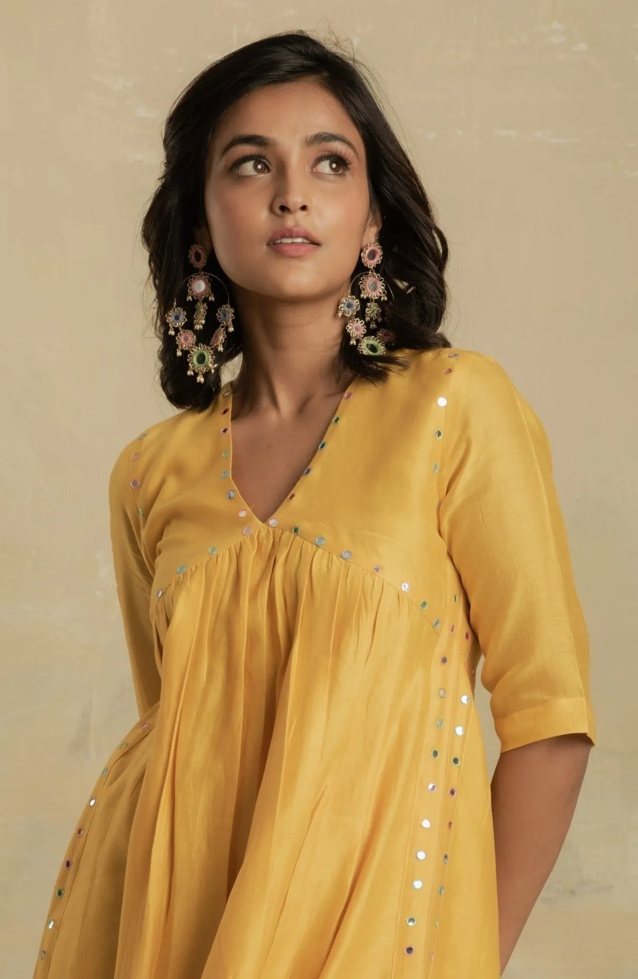 Sunflower Yellow High Slit Kurta Set (2 dupatta options) - Set of 3