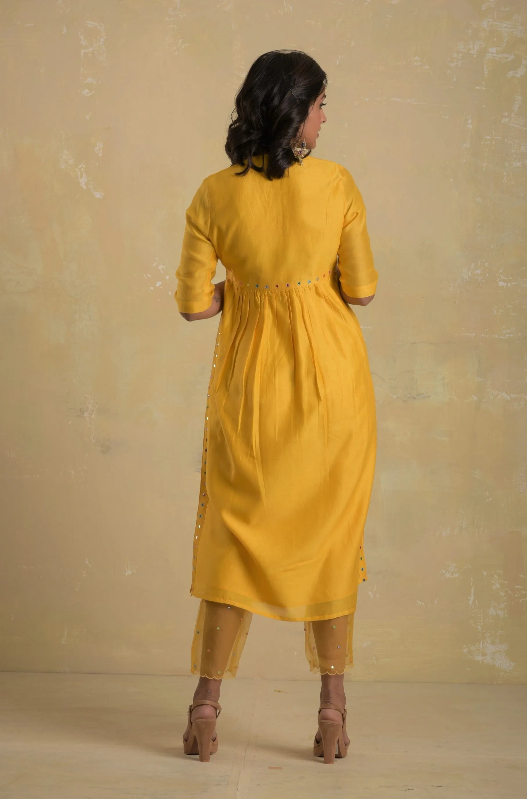 Sunflower Yellow High Slit Kurta Set (2 dupatta options) - Set of 3
