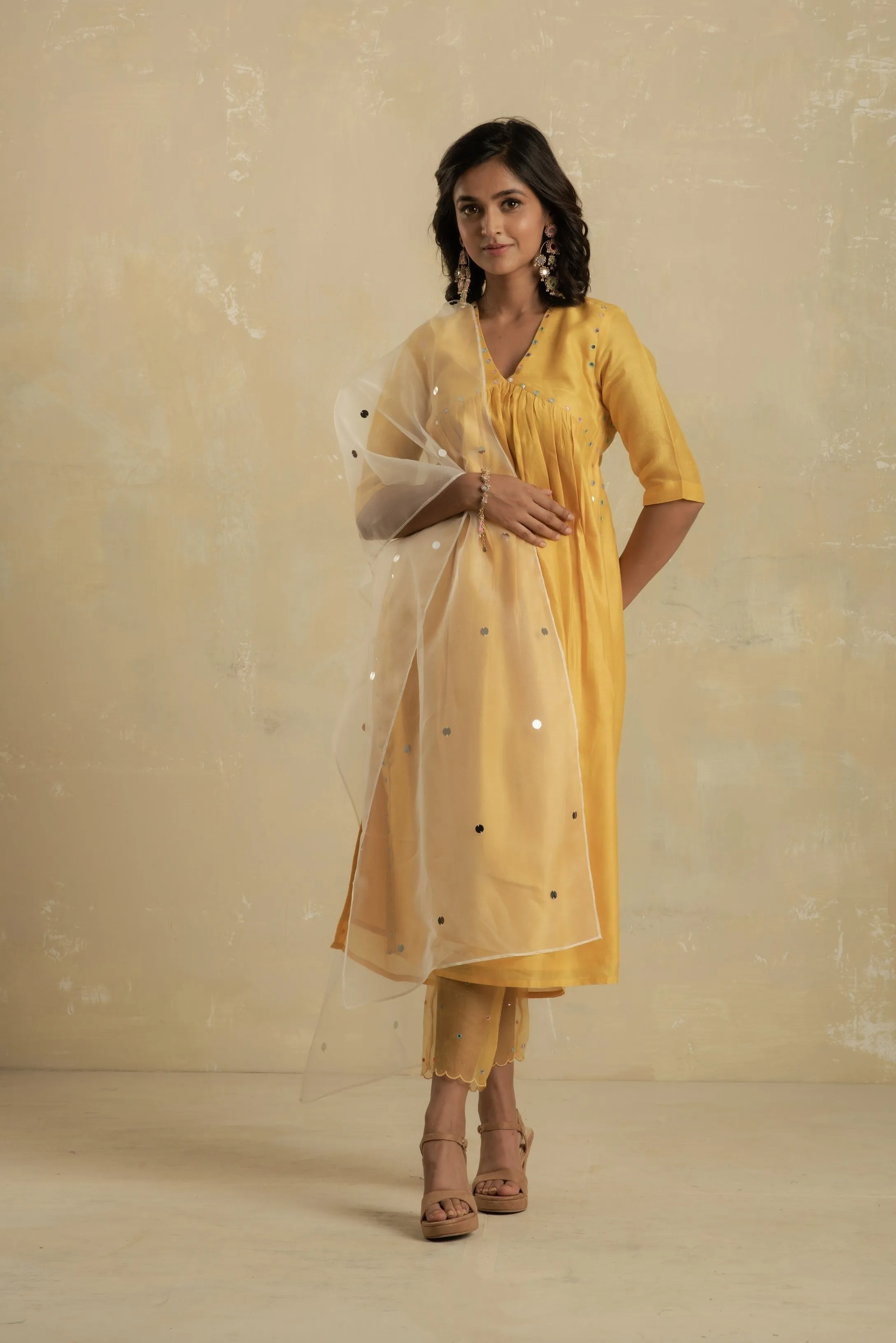Sunflower Yellow High Slit Kurta Set (2 dupatta options) - Set of 3