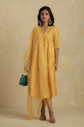 Sunflower Yellow High Slit Kurta Set (2 dupatta options) - Set of 3
