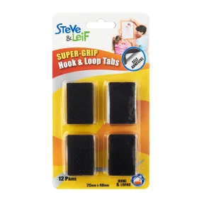 Super Grip Black Hook and Loop Tabs (12 Pairs)
