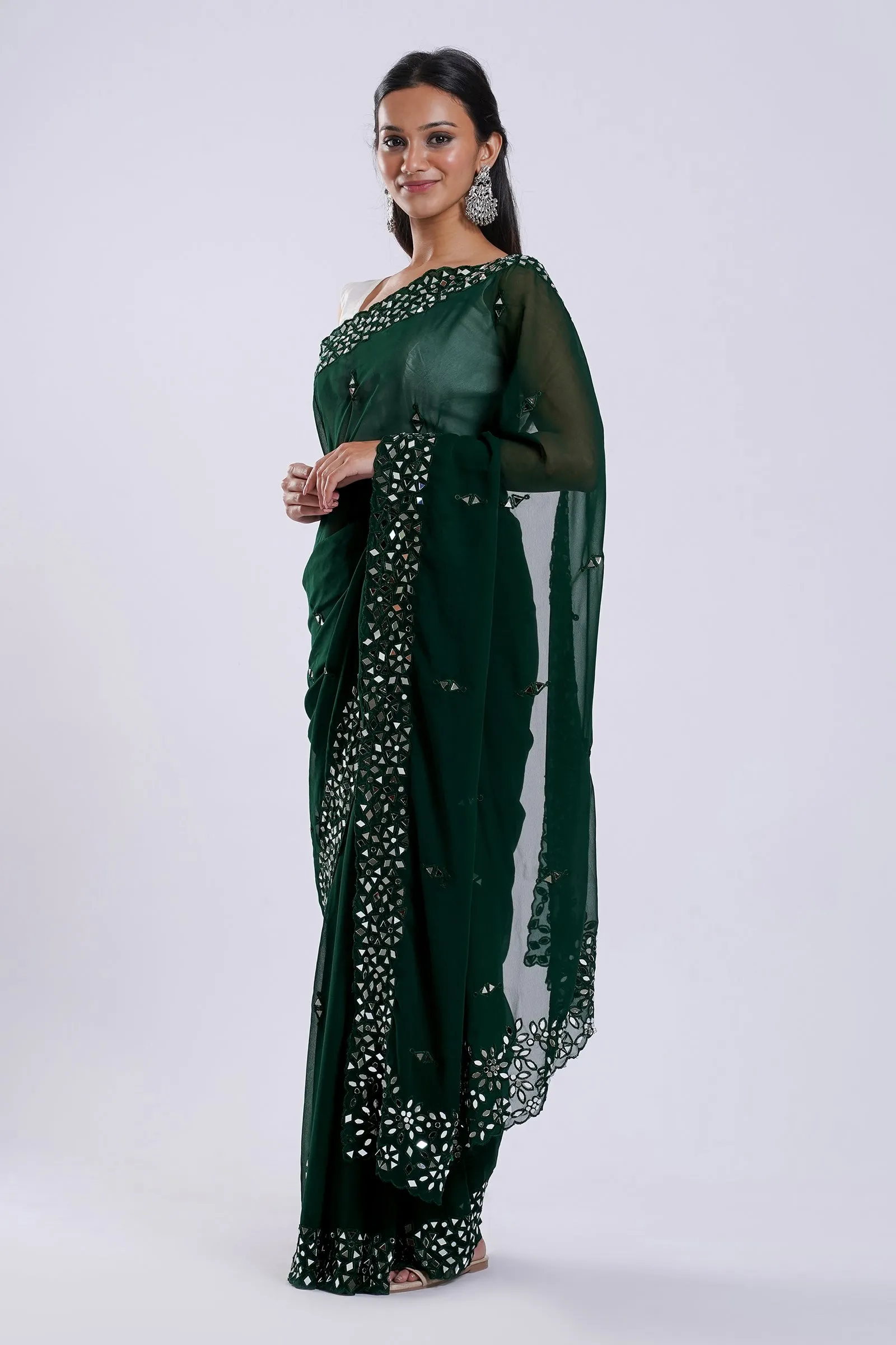 Teejh Amraya Bottle Green Georgette Mirror Work Saree