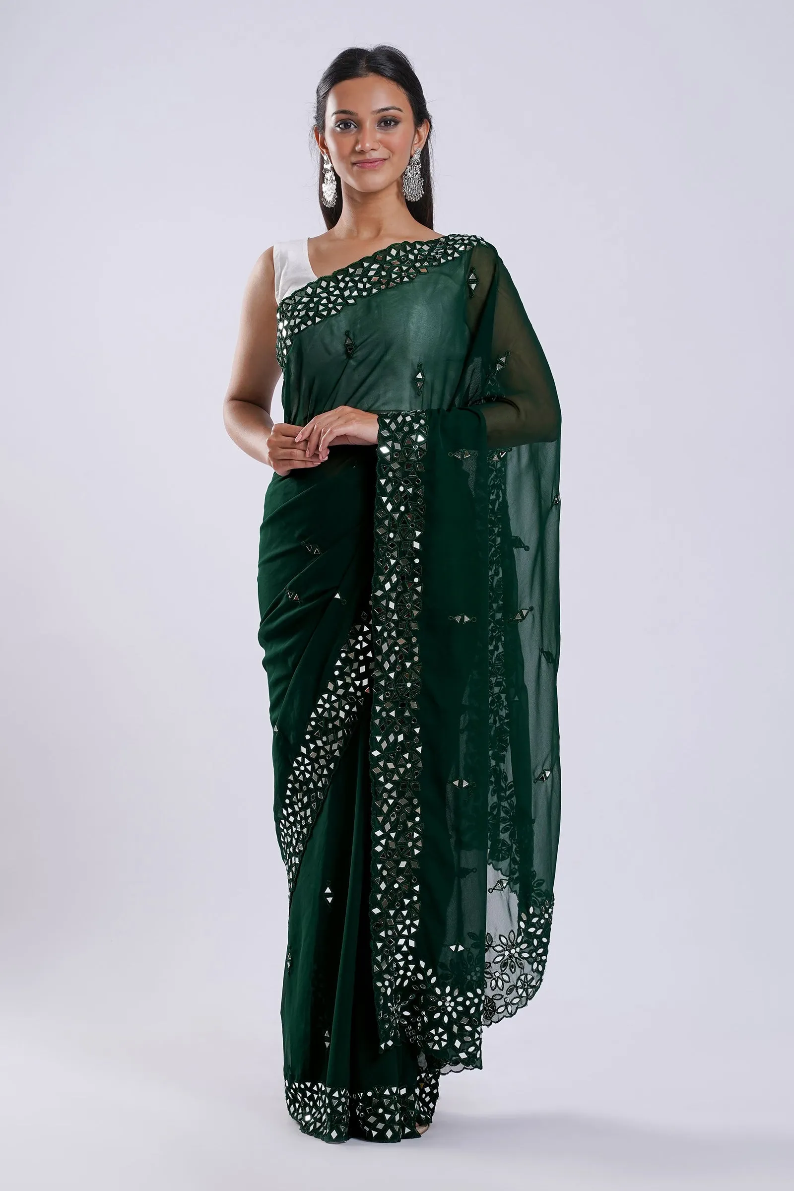 Teejh Amraya Bottle Green Georgette Mirror Work Saree