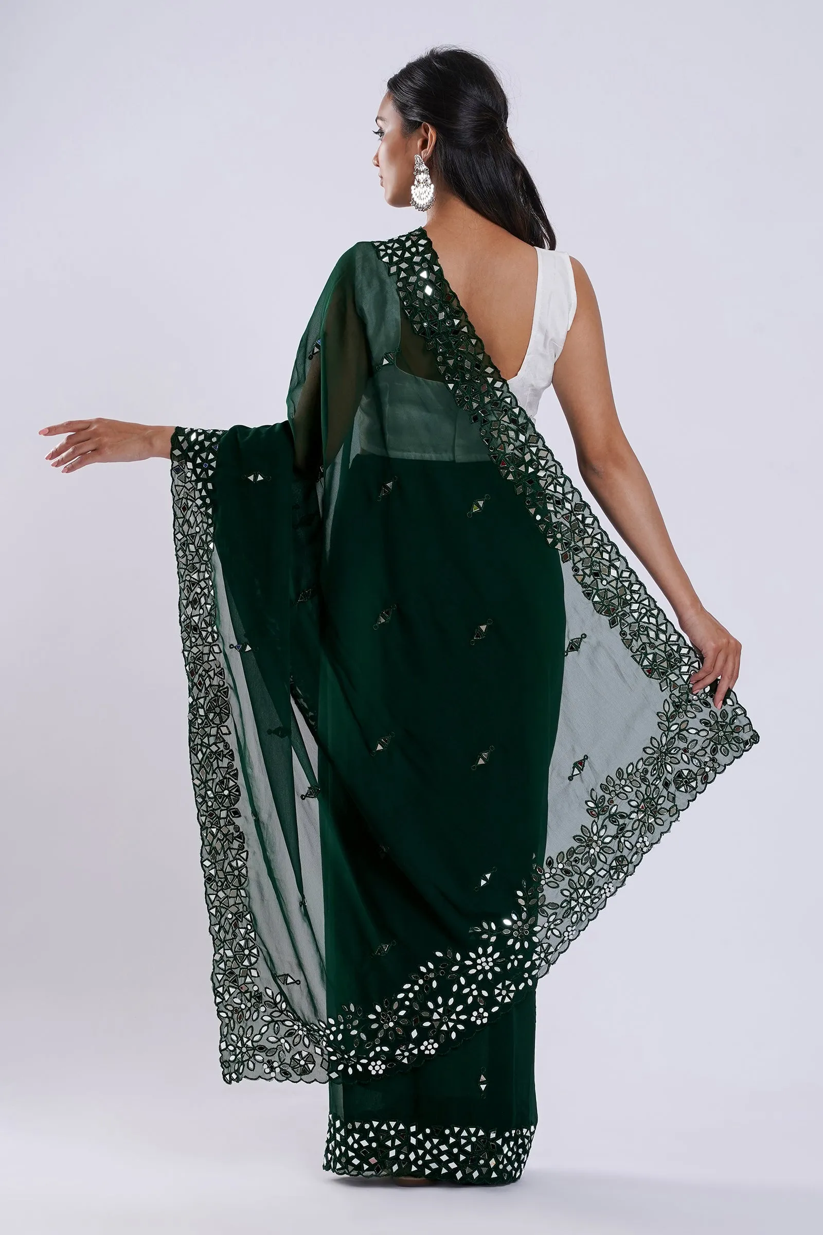 Teejh Amraya Bottle Green Georgette Mirror Work Saree