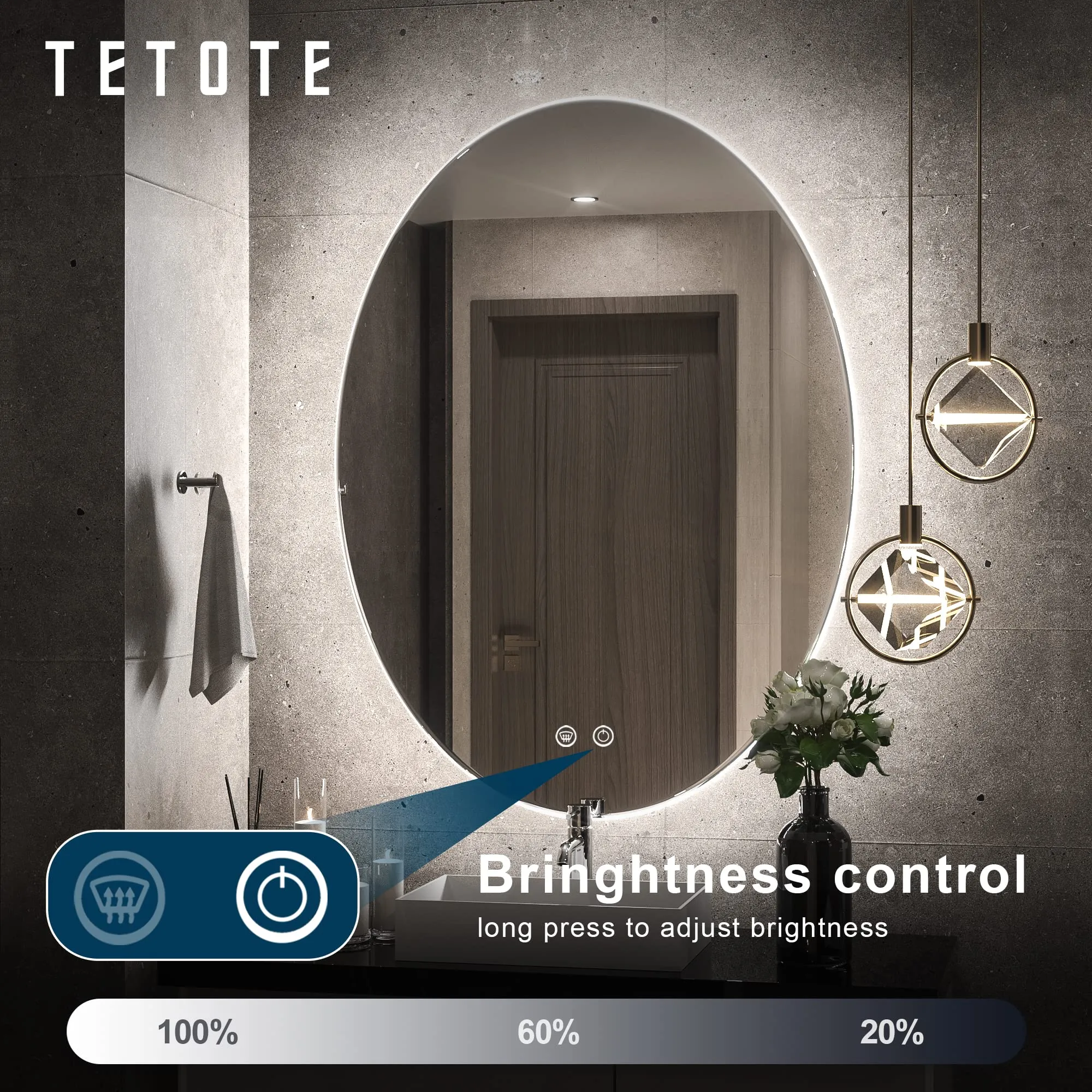 TETOTE 24x32 LED Oval Mirror Backlit,Dimmable Antifog Mirror with Lights Wall Mounted Vanity Mirror Lighted