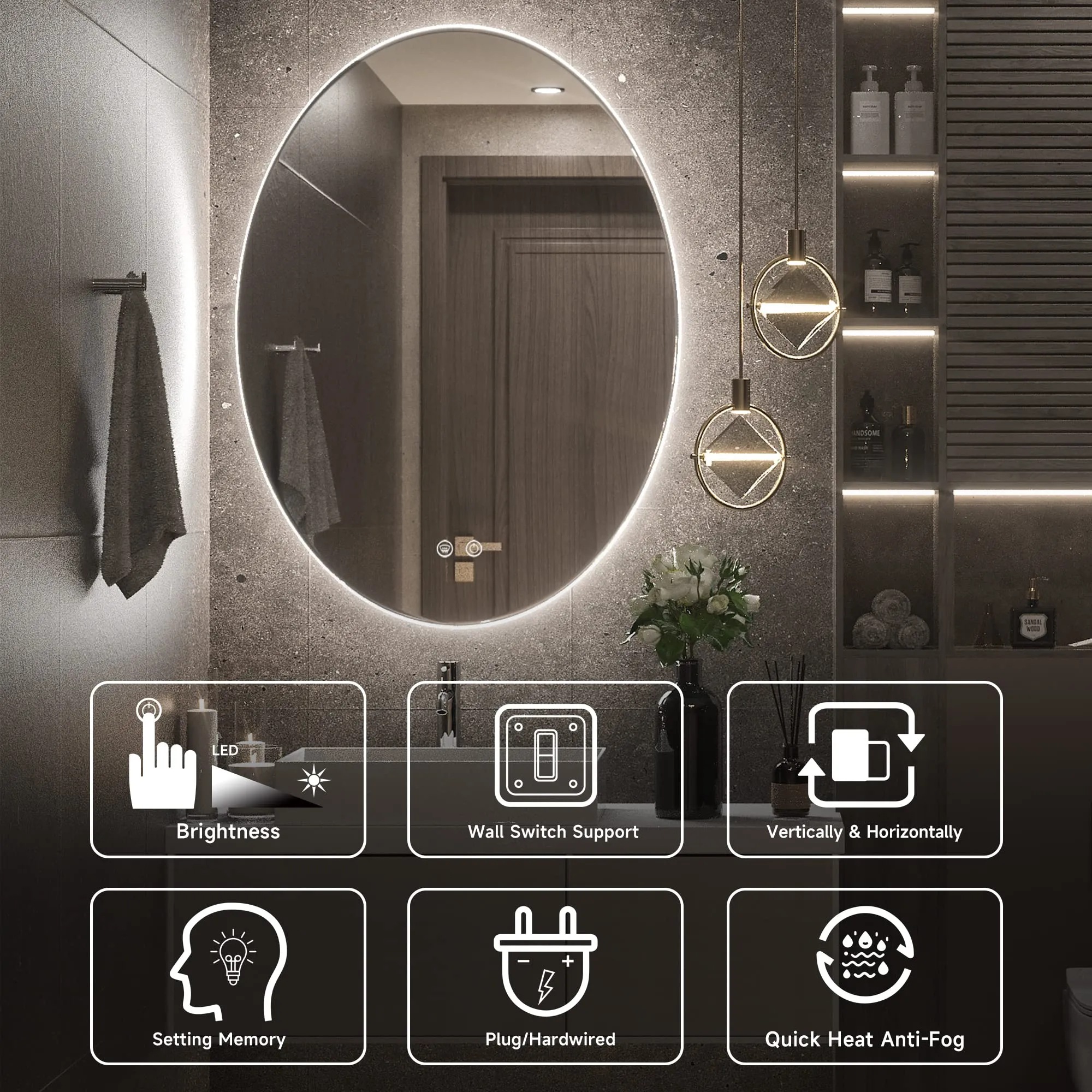 TETOTE 24x32 LED Oval Mirror Backlit,Dimmable Antifog Mirror with Lights Wall Mounted Vanity Mirror Lighted