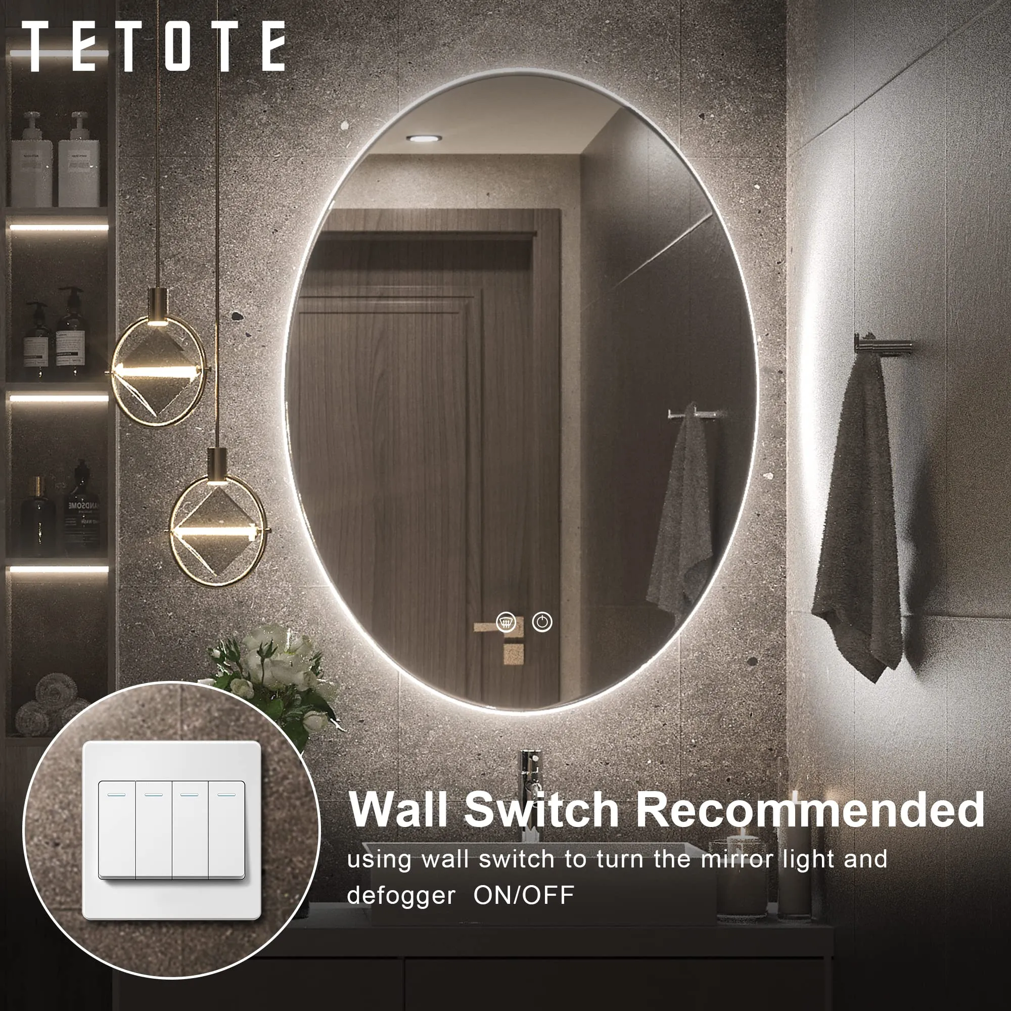 TETOTE 24x32 LED Oval Mirror Backlit,Dimmable Antifog Mirror with Lights Wall Mounted Vanity Mirror Lighted