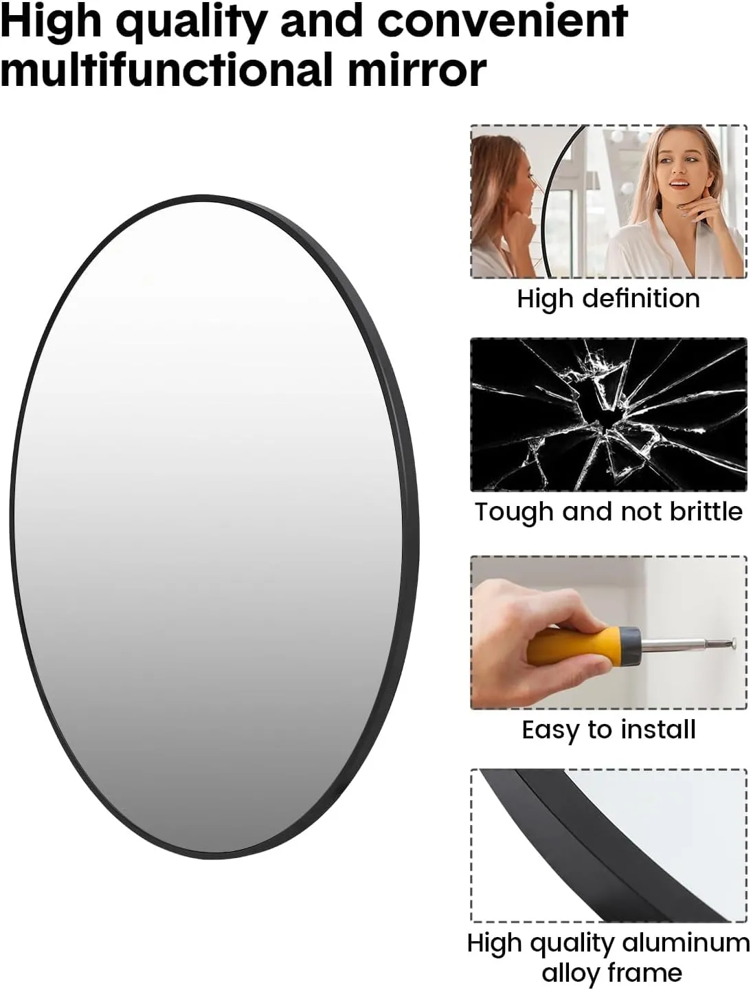 The Artment Your Artistic Apartment Lucid High Definition Round Shape Wall Mirror For Living Room || Bedroom || Bthroom , Home & Decor 16''-36'' Sizes, with Hanging Stripes (Black Frame, 16 Inch)