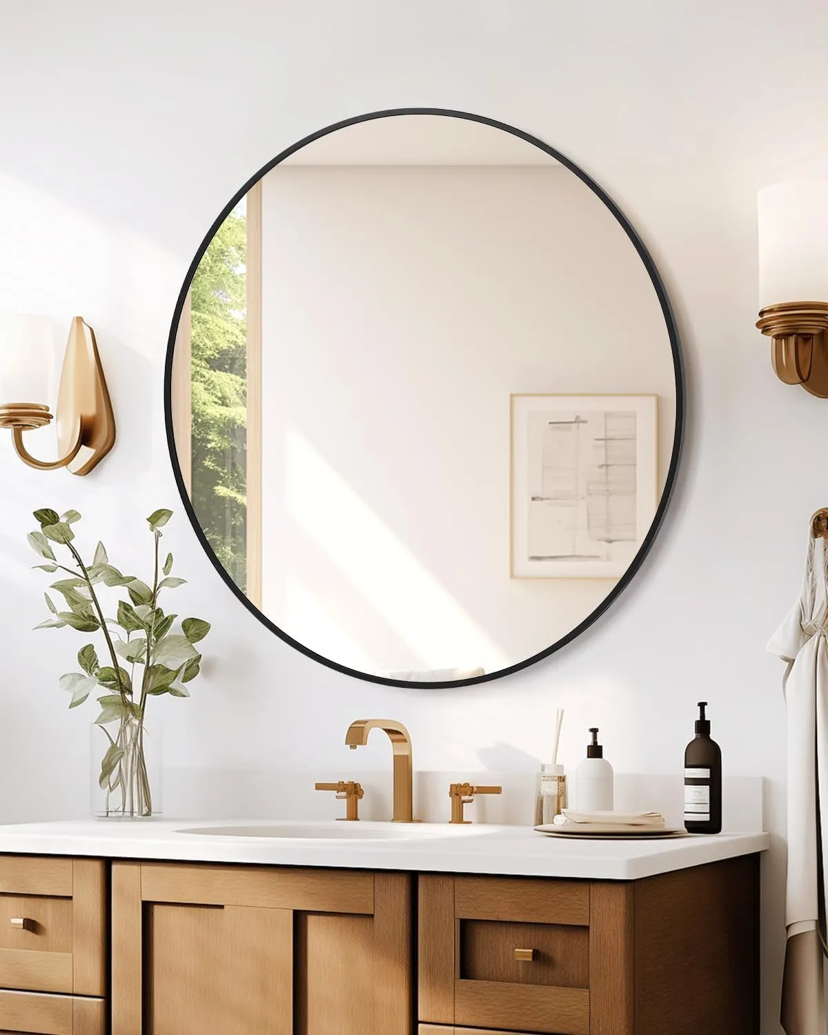The Artment Your Artistic Apartment Lucid High Definition Round Shape Wall Mirror For Living Room || Bedroom || Bthroom , Home & Decor 16''-36'' Sizes, with Hanging Stripes (Black Frame, 16 Inch)
