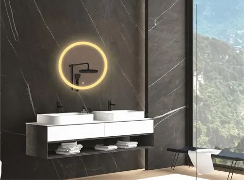 TRYOTONE Round LED Wall Mirror for Bathroom,Wash Basin Mirror 3 LED Lights (Warm,White,Natural White, Size 24 x 24 inch, Framed) (Round_6)