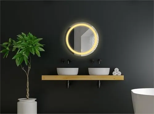 TRYOTONE Round LED Wall Mirror for Bathroom,Wash Basin Mirror 3 LED Lights (Warm,White,Natural White, Size 24 x 24 inch, Framed) (Round_6)