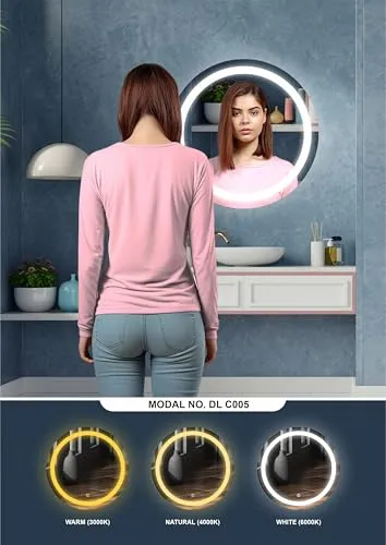 TRYOTONE Round LED Wall Mirror for Bathroom,Wash Basin Mirror 3 LED Lights (Warm,White,Natural White, Size 24 x 24 inch, Framed) (Round_6)