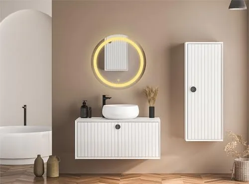 TRYOTONE Round LED Wall Mirror for Bathroom,Wash Basin Mirror 3 LED Lights (Warm,White,Natural White, Size 24 x 24 inch, Framed) (Round_6)