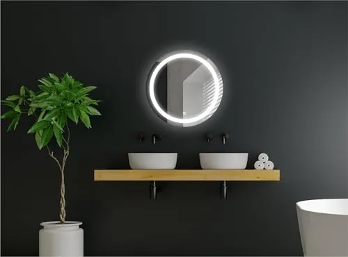 TRYOTONE Round LED Wall Mirror for Bathroom,Wash Basin Mirror 3 LED Lights (Warm,White,Natural White, Size 24 x 24 inch, Framed) (Round_6)
