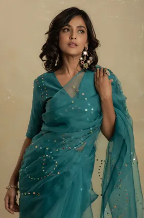 Turquoise Organza Saree (Blouse optional)