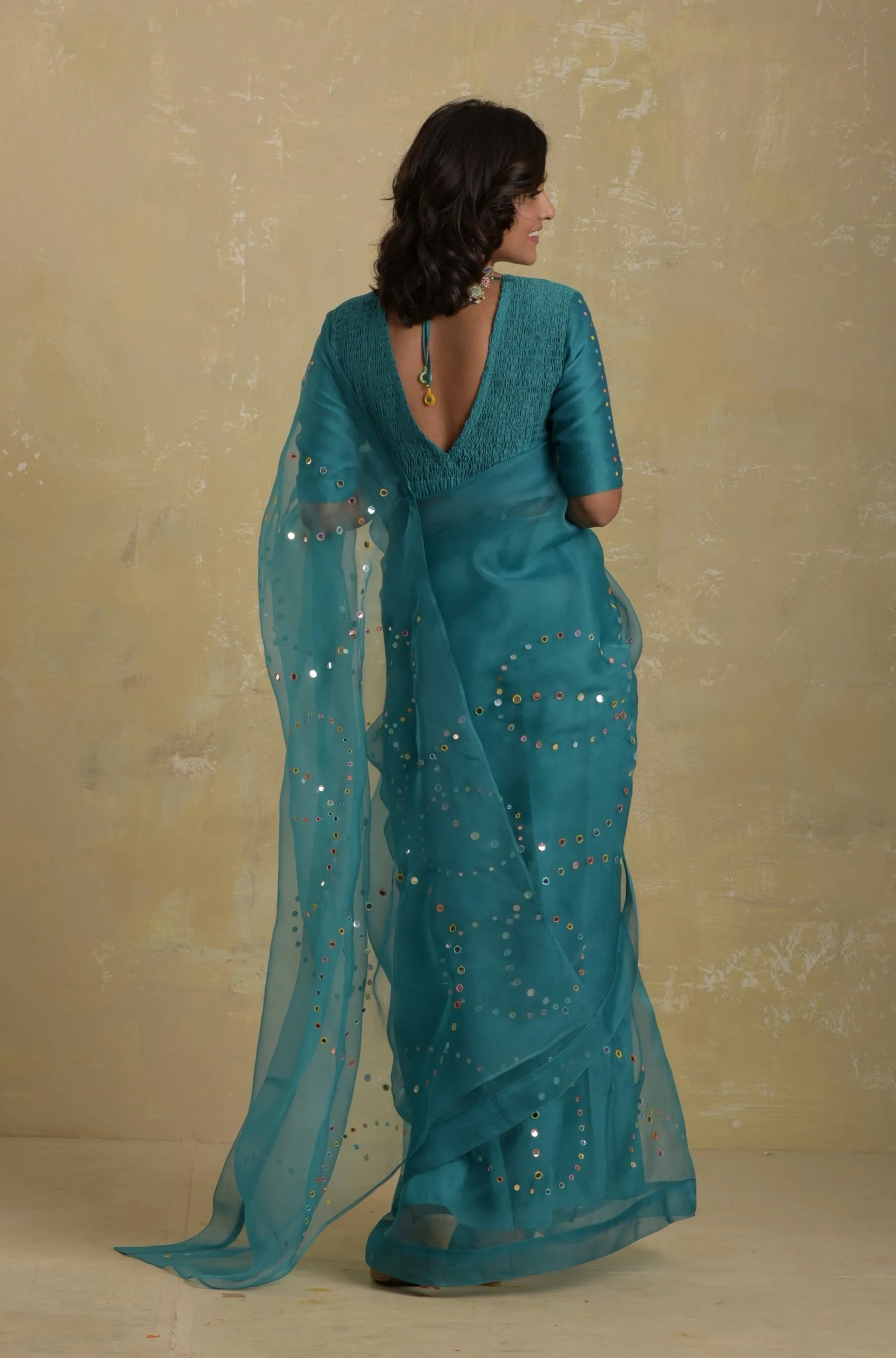 Turquoise Organza Saree (Blouse optional)