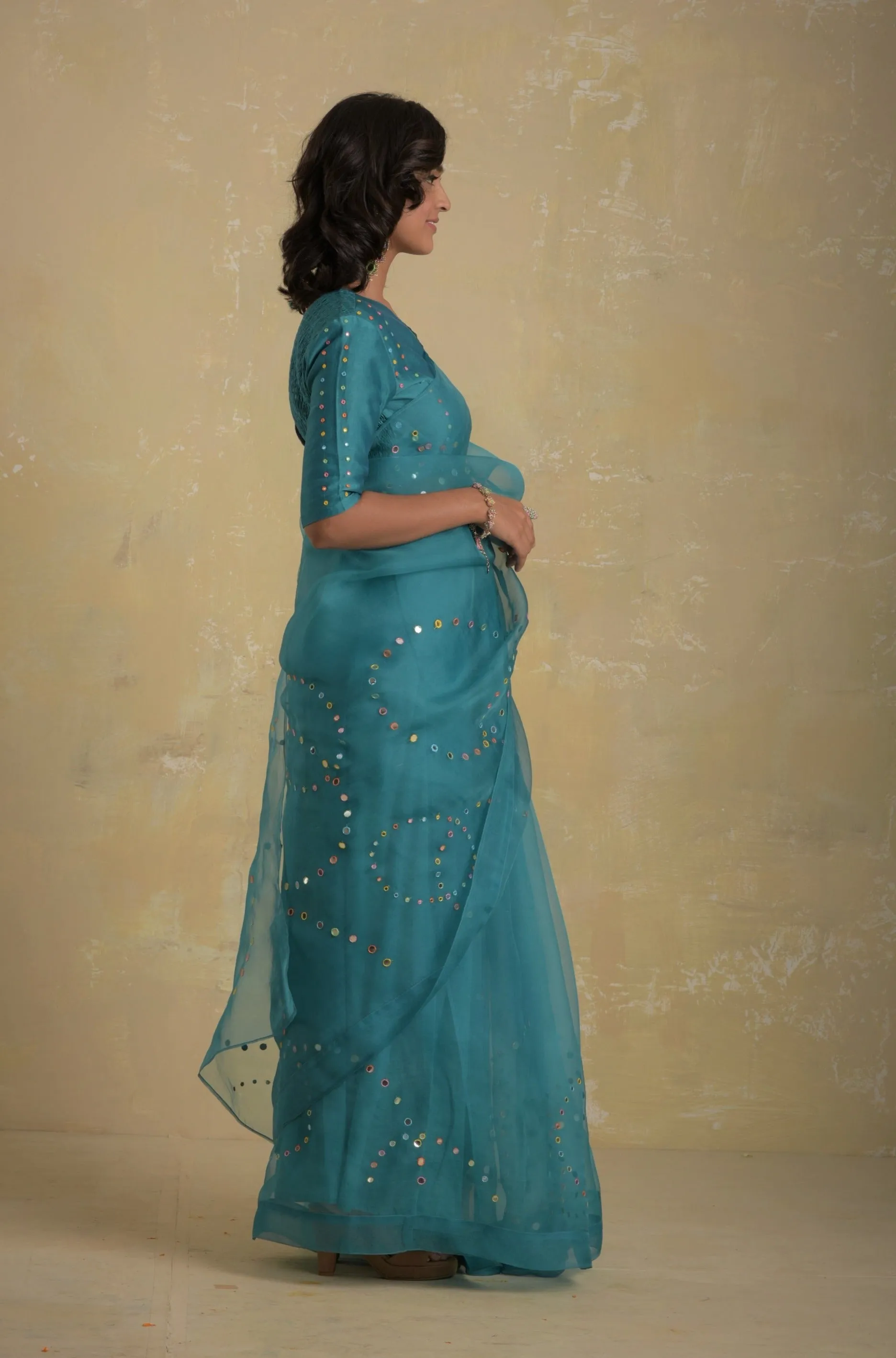 Turquoise Organza Saree (Blouse optional)