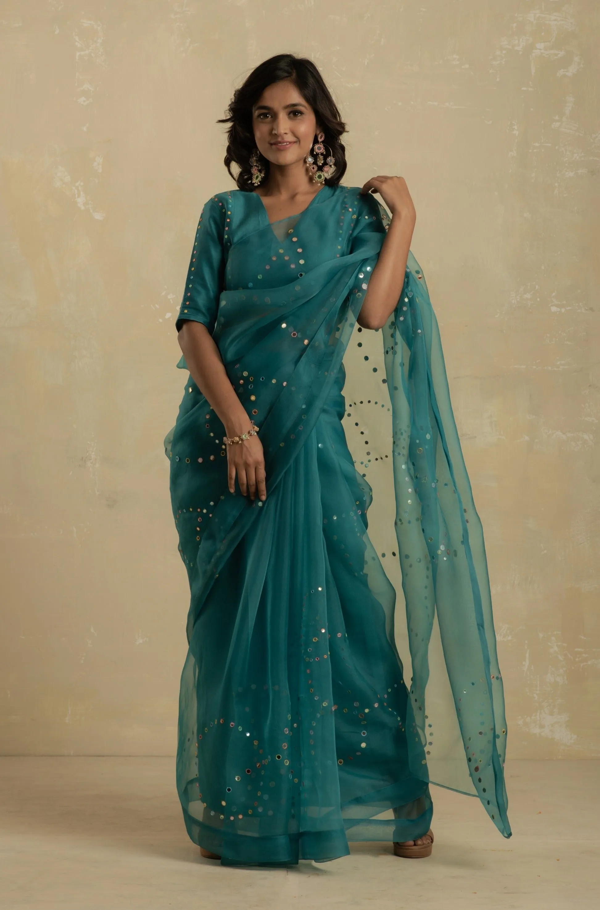 Turquoise Organza Saree (Blouse optional)
