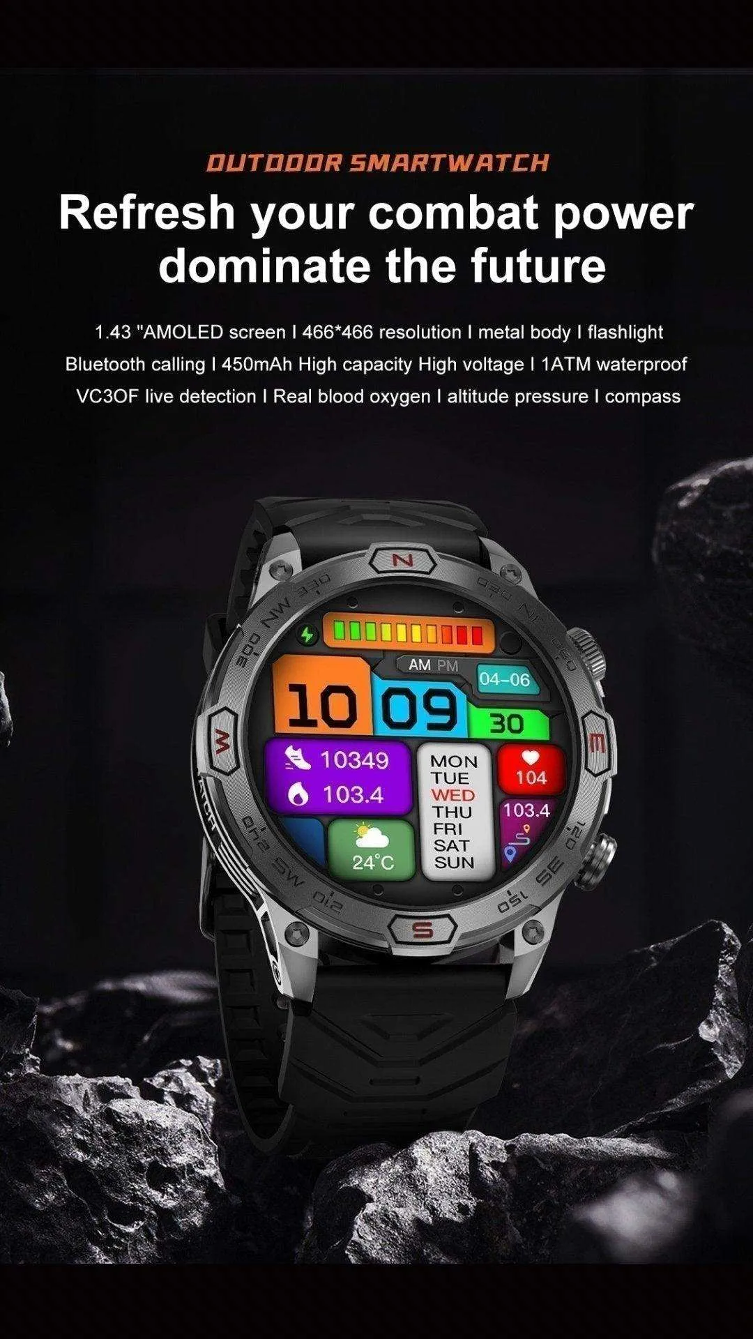 TUTT KC86 AMOLED Zinc Alloy Rugged Outdoor Smart Watch | Compass Barometer Altimeter 1 ATM Waterproof Emergency LED Flashlight | Sport Health Monitor Men Women Long 450 mAh Battery