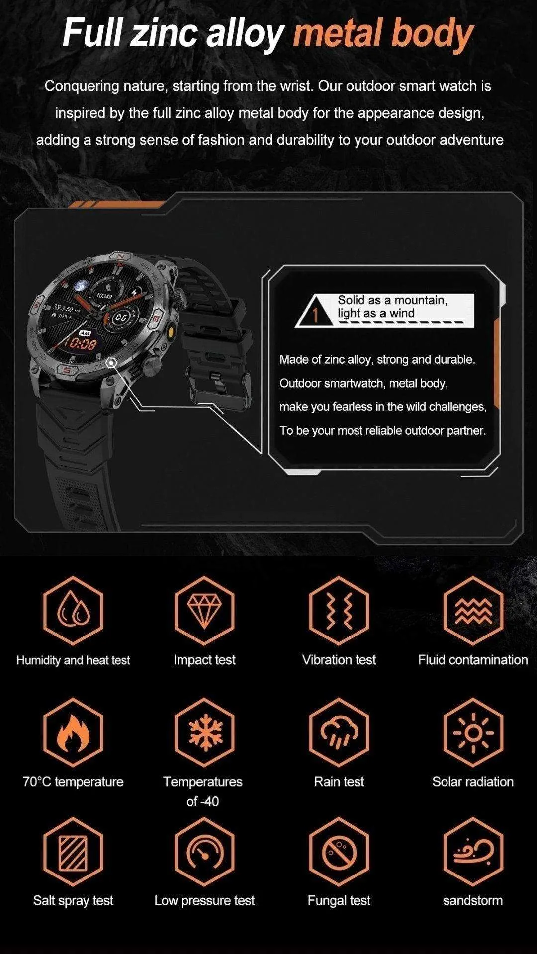 TUTT KC86 AMOLED Zinc Alloy Rugged Outdoor Smart Watch | Compass Barometer Altimeter 1 ATM Waterproof Emergency LED Flashlight | Sport Health Monitor Men Women Long 450 mAh Battery