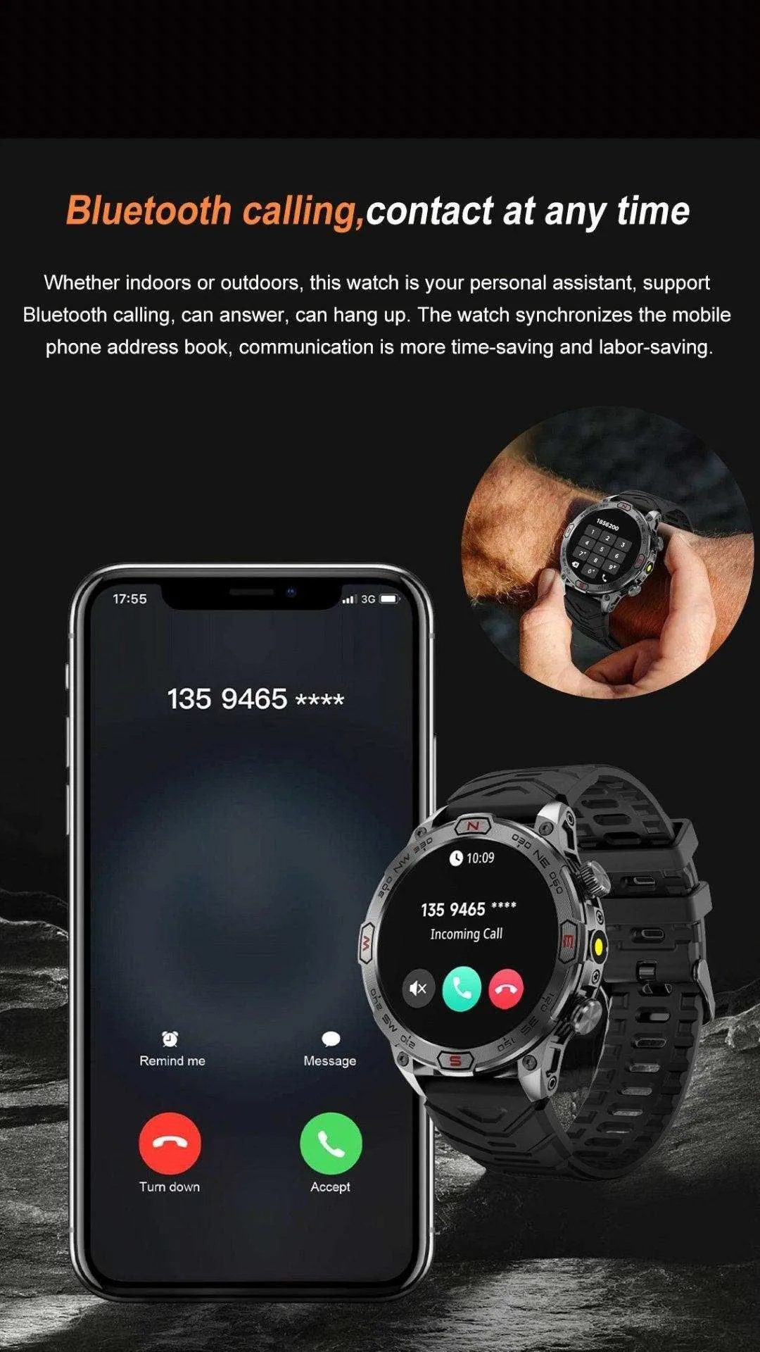 TUTT KC86 AMOLED Zinc Alloy Rugged Outdoor Smart Watch | Compass Barometer Altimeter 1 ATM Waterproof Emergency LED Flashlight | Sport Health Monitor Men Women Long 450 mAh Battery