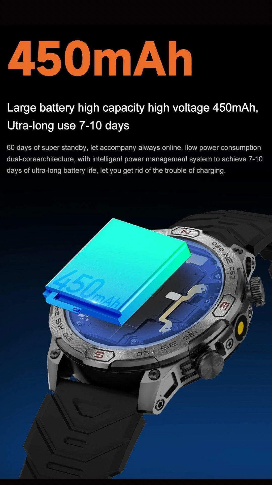 TUTT KC86 AMOLED Zinc Alloy Rugged Outdoor Smart Watch | Compass Barometer Altimeter 1 ATM Waterproof Emergency LED Flashlight | Sport Health Monitor Men Women Long 450 mAh Battery