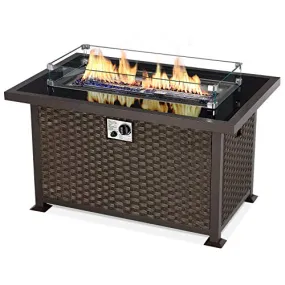 U-MAX 44in Outdoor Propane Gas Fire Pit Table, 50,000 BTU Auto-Ignition Gas Firepit with Glass Wind Guard, Black Tempered Glass Tabletop & Blue Glass Rock, Brown PE Rattan, CSA Certification