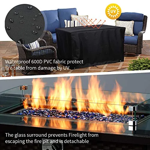 U-MAX 44in Outdoor Propane Gas Fire Pit Table, 50,000 BTU Auto-Ignition Gas Firepit with Glass Wind Guard, Black Tempered Glass Tabletop & Blue Glass Rock, Brown PE Rattan, CSA Certification
