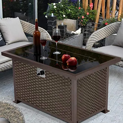 U-MAX 44in Outdoor Propane Gas Fire Pit Table, 50,000 BTU Auto-Ignition Gas Firepit with Glass Wind Guard, Black Tempered Glass Tabletop & Blue Glass Rock, Brown PE Rattan, CSA Certification