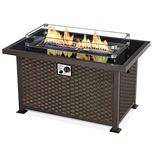 U-MAX 44in Outdoor Propane Gas Fire Pit Table, 50,000 BTU Auto-Ignition Gas Firepit with Glass Wind Guard, Black Tempered Glass Tabletop & Blue Glass Rock, Brown PE Rattan, CSA Certification