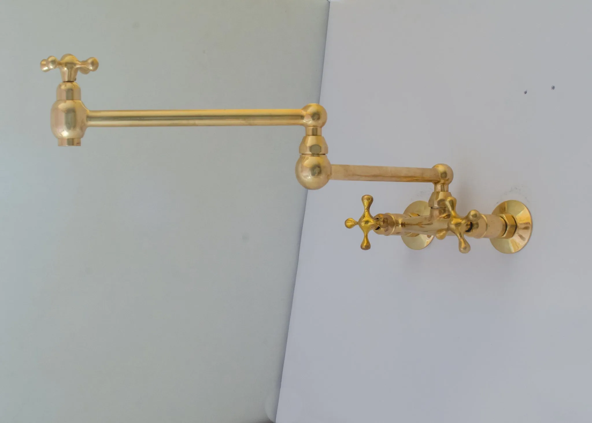 Unlacquered Brass Wall Mount Faucet, Brass Kitchen Faucet, Dual Handle Faucet