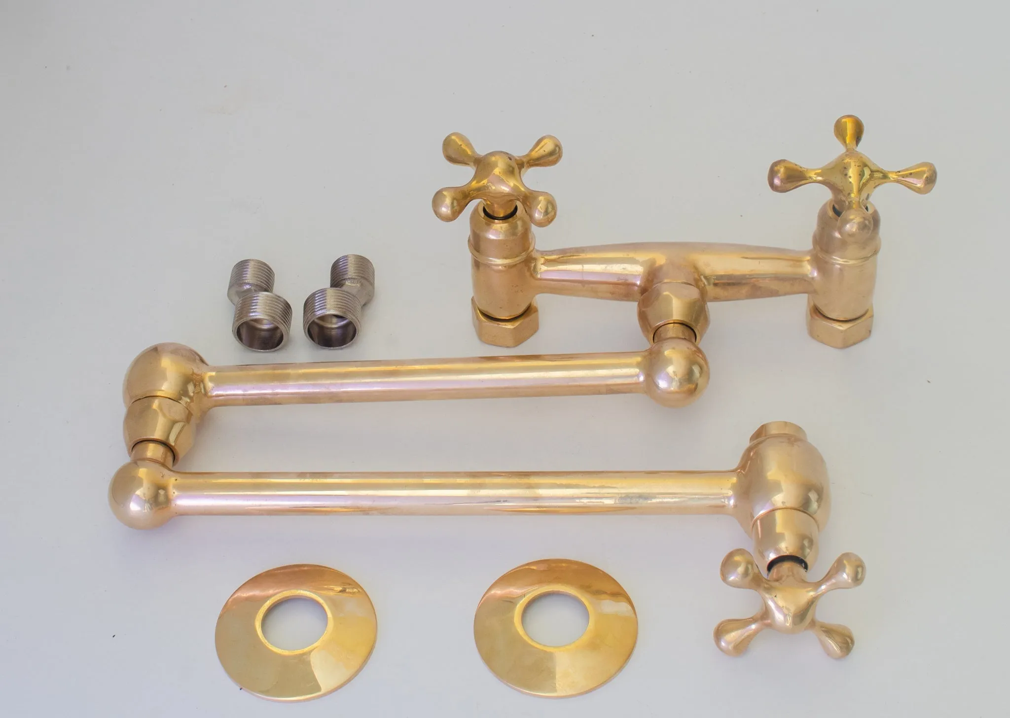 Unlacquered Brass Wall Mount Faucet, Brass Kitchen Faucet, Dual Handle Faucet