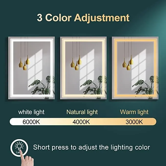 VENETIAN IMAGE 70x90 CM Dimmable LED Bathroom Mirror with Smart Touch, 3 Color Modes, Antifog Technology, Water/Termite-Proof Frame (28x36 Inches)