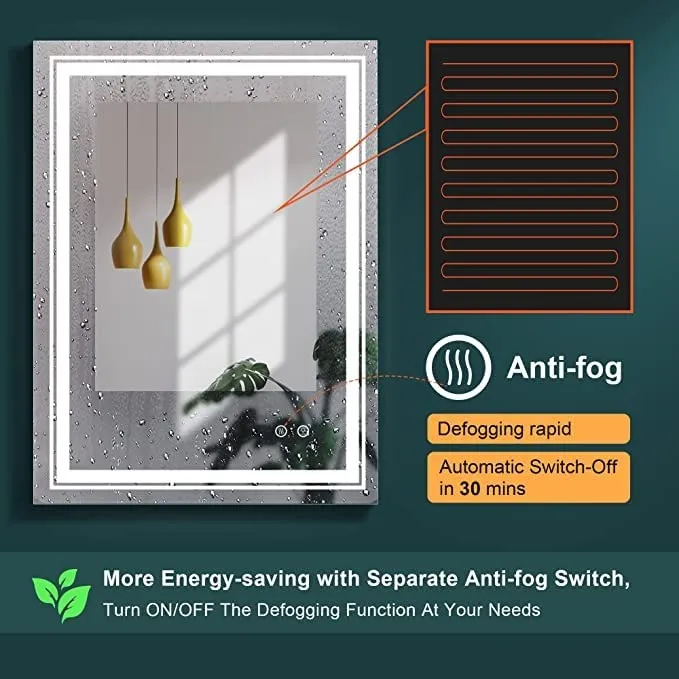 VENETIAN IMAGE 70x90 CM Dimmable LED Bathroom Mirror with Smart Touch, 3 Color Modes, Antifog Technology, Water/Termite-Proof Frame (28x36 Inches)