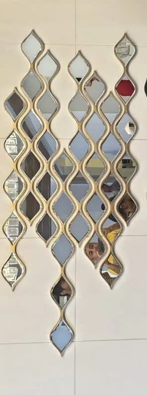 VENETIAN IMAGE Modern Designer Hexagonal Wall Mirror Set of 9 with Wooden Strips for Home Decoration - Gold Framed Wall Decor for Bedroom, Living Room, Drawing Room, Lobby, Foyer