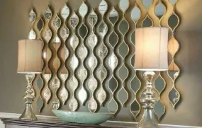 VENETIAN IMAGE Modern Designer Hexagonal Wall Mirror Set of 9 with Wooden Strips for Home Decoration - Gold Framed Wall Decor for Bedroom, Living Room, Drawing Room, Lobby, Foyer
