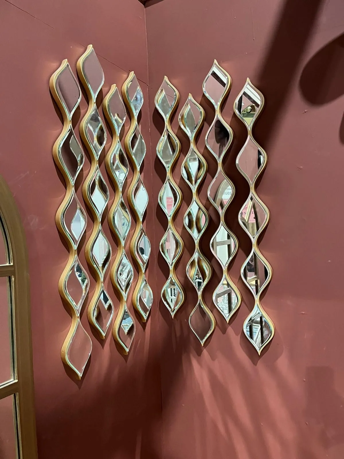 VENETIAN IMAGE Modern Designer Hexagonal Wall Mirror Set of 9 with Wooden Strips for Home Decoration - Gold Framed Wall Decor for Bedroom, Living Room, Drawing Room, Lobby, Foyer