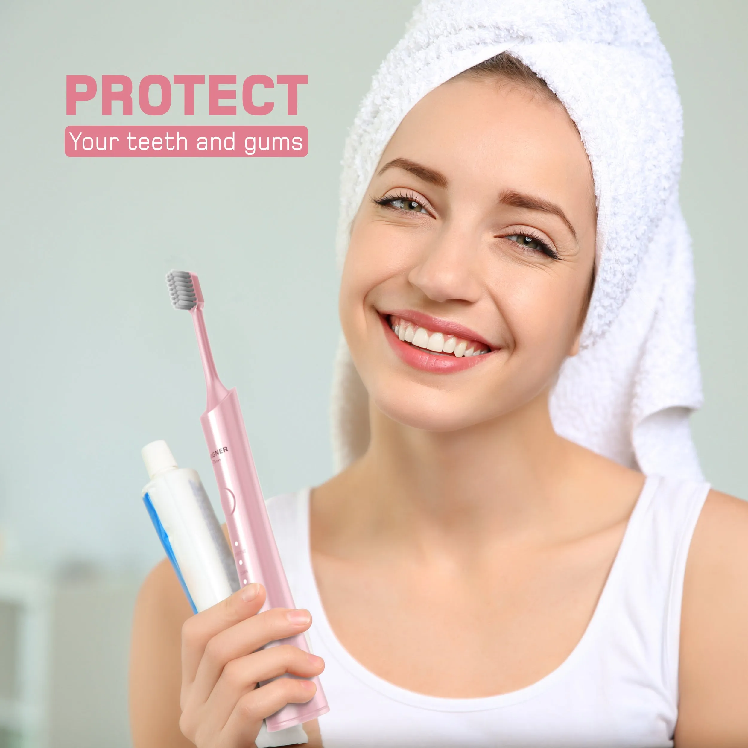 Wagner & Stern ultrasonic whitening Electric Toothbrush with 8 Charcoal Black Brush Heads. for Fresh Breath & Healthy Smile. (Pink)