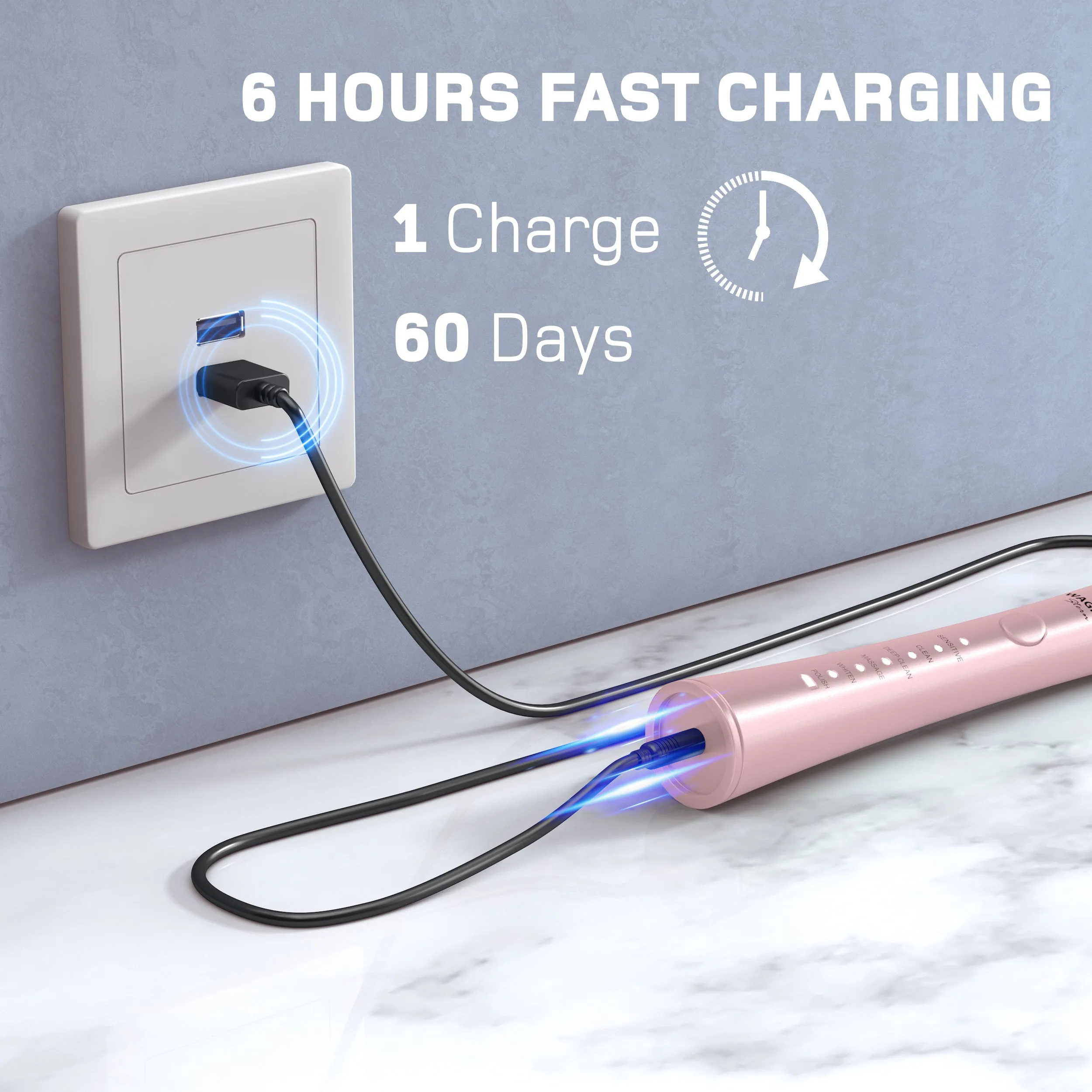 Wagner & Stern ultrasonic whitening Electric Toothbrush with 8 Charcoal Black Brush Heads. for Fresh Breath & Healthy Smile. (Pink)