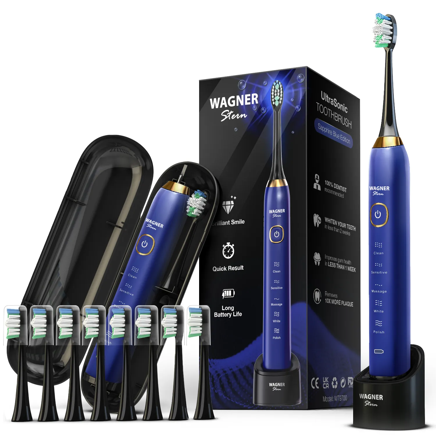 Wagner Stern The Sapphier Blue Edition ultrasonic whitening electric toothbrush features five brushing modes, eight soft brush heads, and a premium travel case.